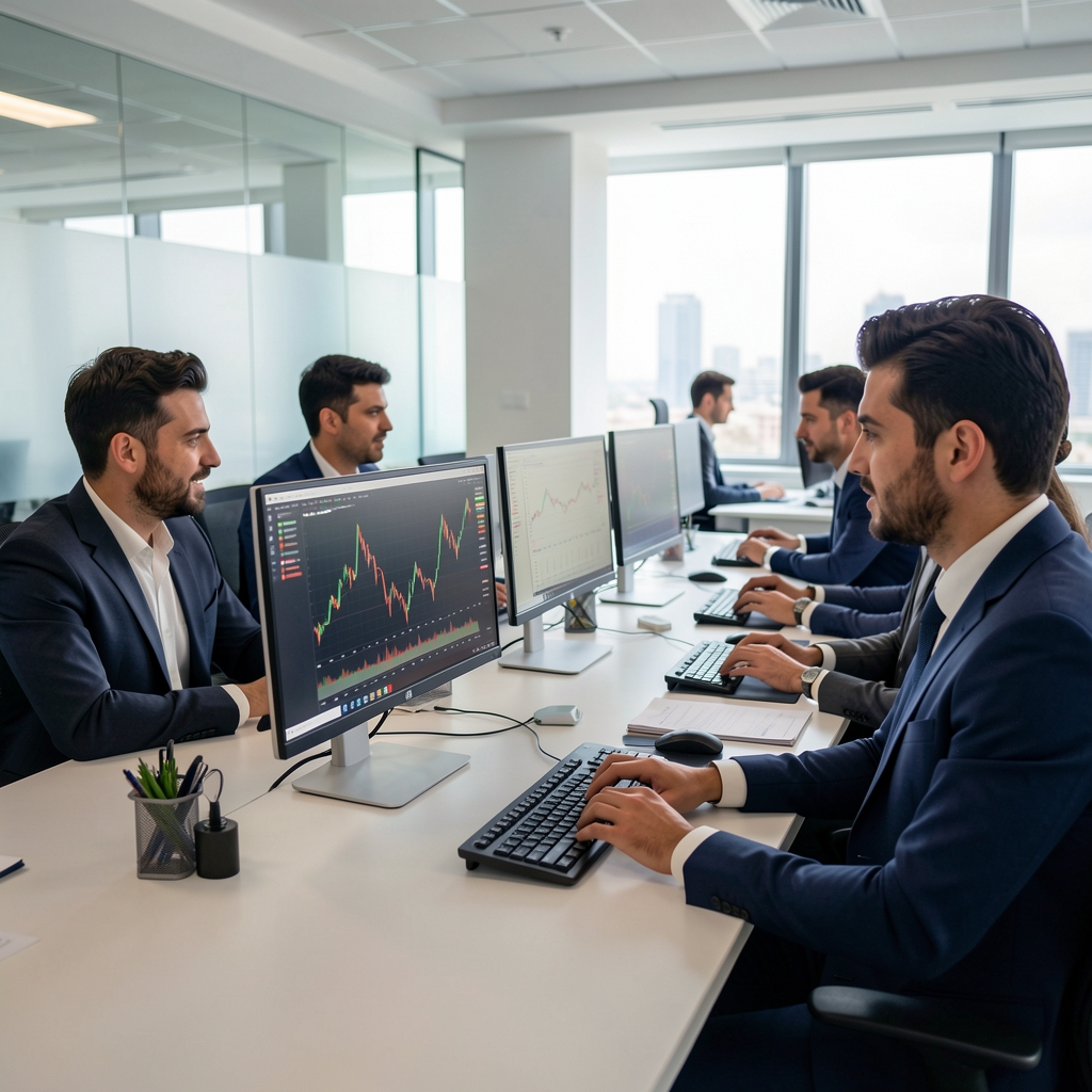 İstanbul ofisinde modern ekranlar önünde çalışan profesyonel ekonomi analistleri ekibi, finansal veri grafikleri inceleniyor