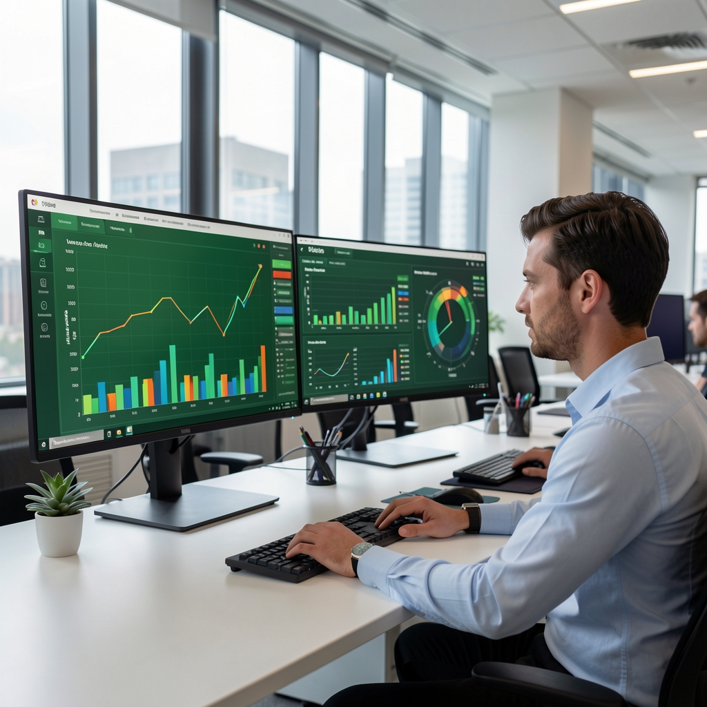 Renkli ekonomik grafik ve trend analizleri gösteren büyük monitörler önünde çalışan iş analisti, yeşil tonlu veri paneli ofis