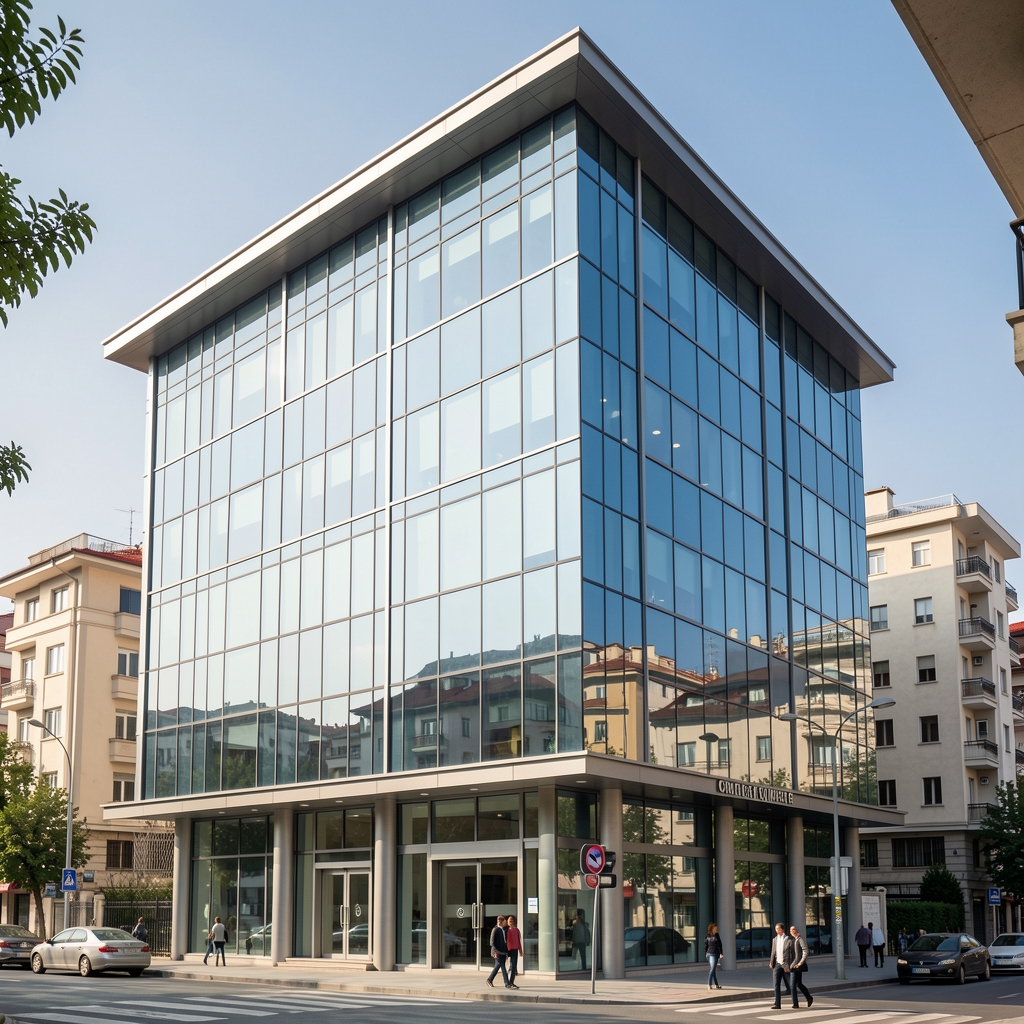 Şişli İstanbul modern cam cepheli ofis binası dış görünümü, Cumhuriyet Caddesi üzerinde profesyonel iş merkezi