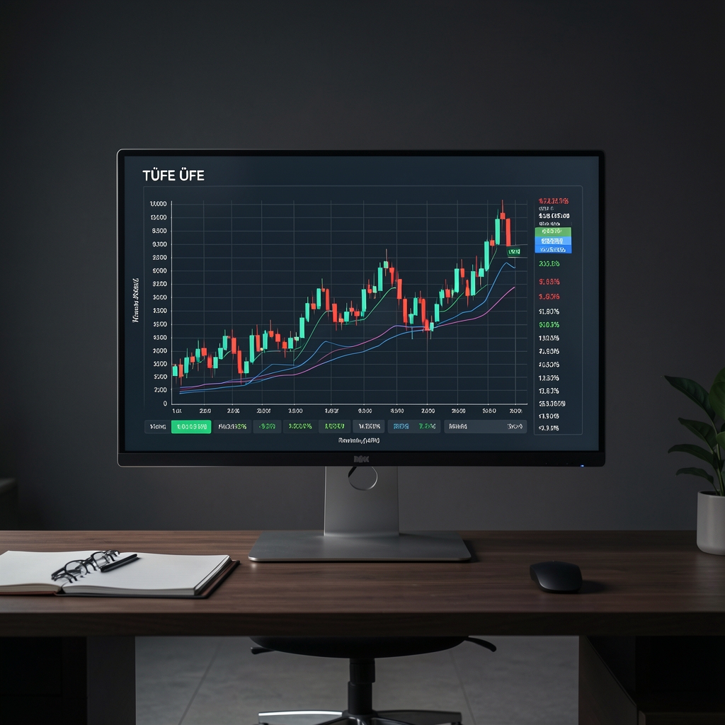 Karanlık analitik odada büyük monitörde ayrıntılı enflasyon grafiği görselleştirmesi TÜFE ve ÜFE karşılaştırmalı veri