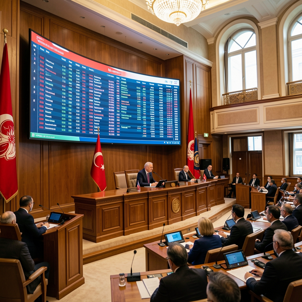 Türk parlamentosu bütçe görüşmeleri, büyük salon kürsüde konuşan bakan büyük finansal tablolar gösteren ekranlar