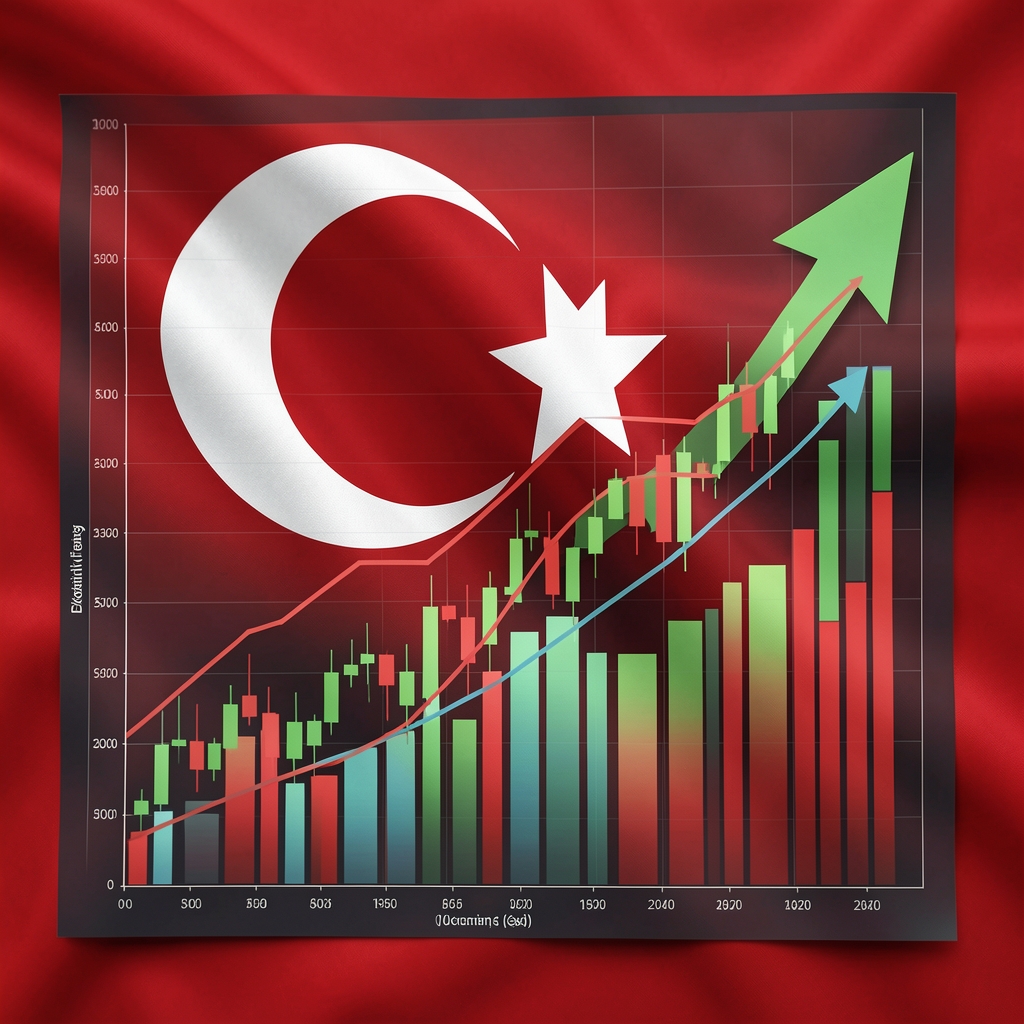 Yükseliş gösteren ekonomik istikrar grafikleri ve Türk bayrağı unsuru ile konsept görsel, upward trending finansal grafikler
