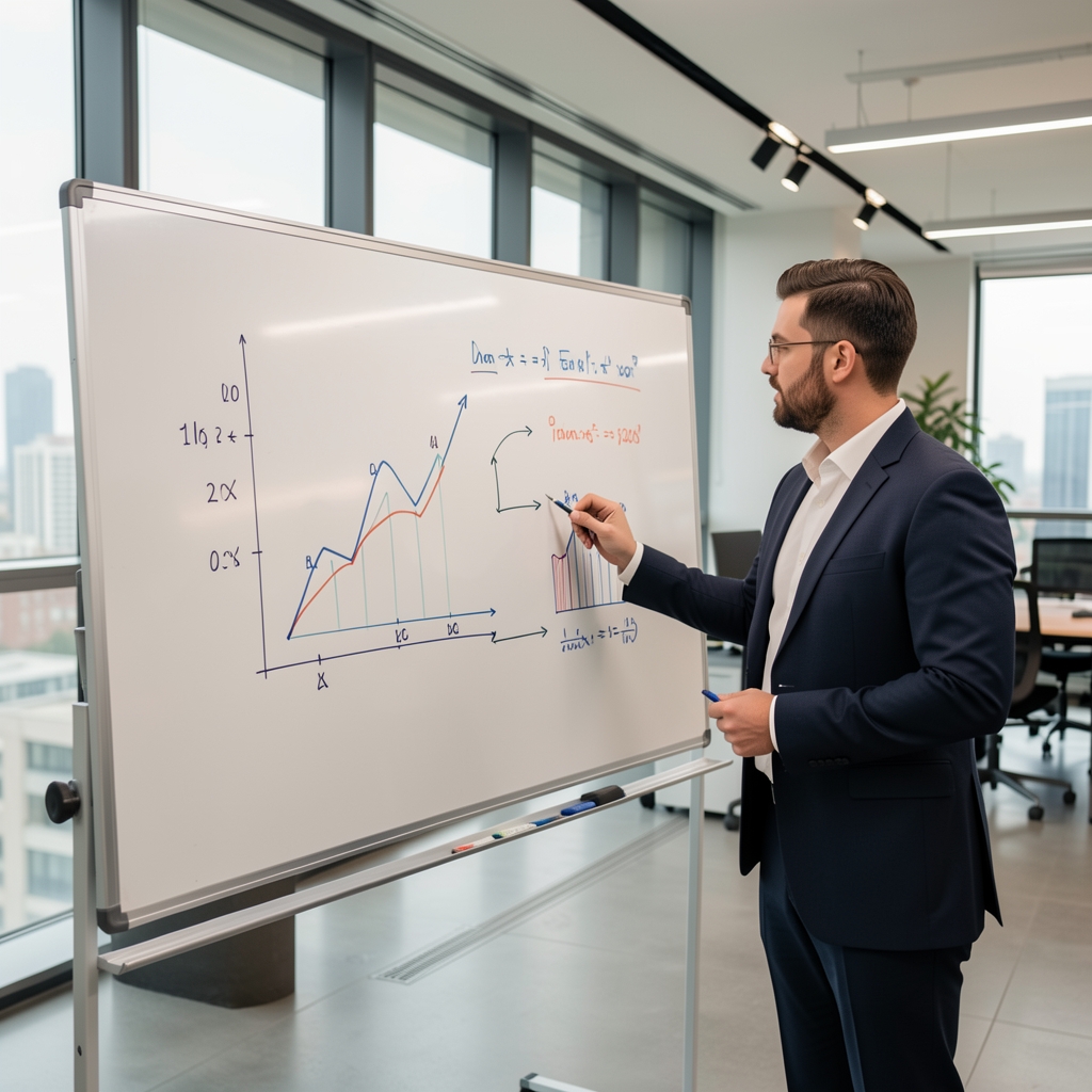 Finansal profesyoneller whiteboard önünde ekonomik planlama stratejisi geliştiriyor İstanbul modern ofis ortamı