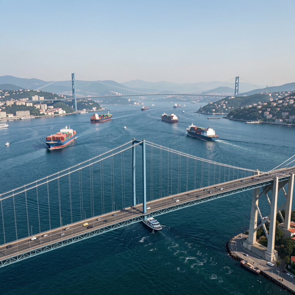 İstanbul Boğazı manzarasında ticaret gemileri ve köprü üst görüş, Türkiye ekonomik büyüme ve ticaret teması